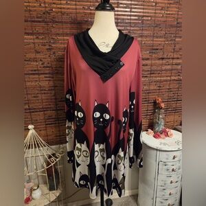 Cat Print Tunic with Black Collar
